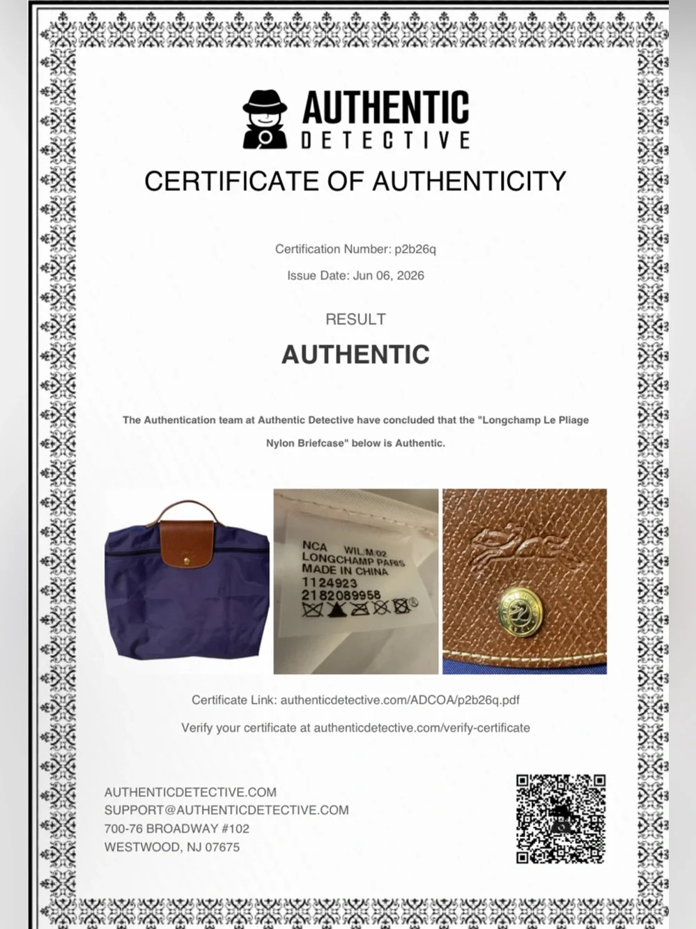 Longchamp Le Pliage Purple Briefcase / Laptop Bag with COA